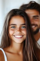 Young woman with long brown hair and blue eyes smiling at camera, with blurred man in background, suitable for family, relationship, and lifestyle marketing materials.