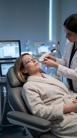 Female dermatologist performing laser skin treatment on young Caucasian woman patient in modern medical clinic with advanced equipment and protective eyewear.