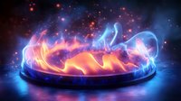 Mystical fire and ice elements collide in circular motion creating magical energy ring with glowing particles and smoke effects against dark starry background.
