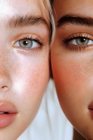Close-up portrait of two young women with natural freckles and bright eyes showing contrasting skin tones and facial features against white background.
