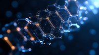 Glowing molecular structure with hexagonal patterns floating in dark space, illuminated by blue and orange light effects creating futuristic scientific visualization.