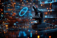 Microscope silhouette against futuristic digital interface with glowing blue hologram and orange particles, representing scientific research and technological advancement.