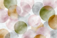 Soft pastel circles in pink, sage green, gray and golden brown create an ethereal overlapping pattern on white background. Seamless repeat for fabric and wallpaper design.