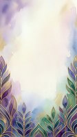 Watercolor background with ornamental leaf borders in purple, blue, and green tones, featuring gold accents. Soft blended colors create a dreamy atmosphere suitable for invitations, greeting cards, and design projects.