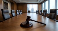 Professional boardroom with wooden gavel on conference table, executive leather chairs, city view windows for corporate legal meetings and business decisions.