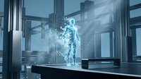 Digital human figure made of glowing blue particles and data streams standing on desk in modern office environment, representing artificial intelligence, technology innovation, and digital transformation.