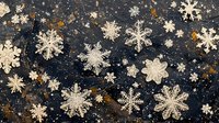 Delicate white snowflakes scattered on dark textured background with golden sparkles. Winter holiday pattern creates magical seasonal atmosphere for festive designs.