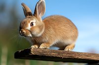 Adorable brown rabbit sitting on wooden log against blue sky background. Cute bunny with fluffy fur and alert ears in natural outdoor setting.