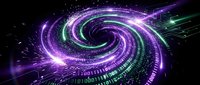 Digital spiral vortex with purple and green neon lights creating futuristic cyber tunnel effect for technology backgrounds and sci-fi designs.