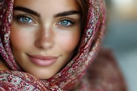Young woman with striking blue eyes wearing ornate red patterned headscarf, close-up portrait with soft natural lighting for beauty and fashion concepts.