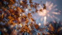 Autumn leaves with warm sunlight filtering through orange and golden foliage creating beautiful bokeh effects and lens flares in natural outdoor setting.