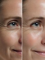 Before and after comparison showing facial skin texture, wrinkles, and aging signs in close-up view. Demonstrates skincare treatment results and anti-aging effects.