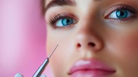 Close up view of cosmetic injection procedure with syringe on pink background showing professional beauty treatment for lip enhancement and facial rejuvenation.