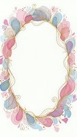 Watercolor floral frame with pink and blue petals, gold swirls and empty center space for text or design elements on light background.