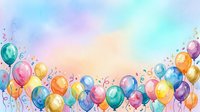 Colorful balloons with confetti floating against a soft pastel watercolor gradient background, suitable for celebrations, parties, and festive event designs.