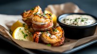 Bacon wrapped shrimp appetizers with fresh herbs, lemon wedges and creamy dipping sauce served on brown paper, dark moody restaurant setting.
