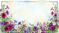 Watercolor floral frame with purple pink petunias and green leaves on cream background. Botanical border design for wedding invitations and greeting cards.