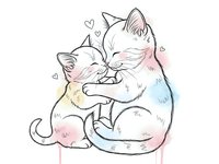 Adorable mother cat cuddling with kitten in tender embrace, pastel watercolor style illustration isolated on white background for nursery decor.