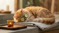 Orange tabby cat relaxing with cucumber slices on eyes during spa treatment session. Pet wellness and self-care concept for relaxation therapy.