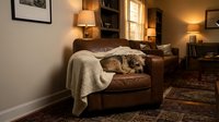 Cozy living room interior with sleeping dog on brown leather armchair covered with knitted blanket, warm lighting and home decor creating comfortable atmosphere.