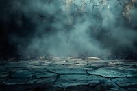Dramatic cracked earth surface with rising turquoise smoke and mysterious foggy atmosphere creates moody dystopian landscape background for creative projects.