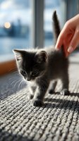 Adorable gray and white kitten being gently petted by human hand on textured carpet in bright modern home interior with window background.