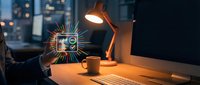 Modern workspace with laptop displaying cybersecurity shield icon, warm desk lamp lighting, coffee cup, and city lights background for tech security concepts.