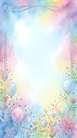 Watercolor pastel party frame with balloons, flowers, and confetti, featuring a white center space for text or design.
