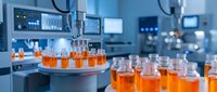 Automated laboratory equipment dispensing orange liquid samples into glass vials in modern pharmaceutical research facility with digital monitors.