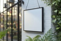 Square white blank frame mockup hanging on white brick wall surrounded by green plants and natural lighting, suitable for artwork display and branding.