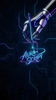Futuristic robotic hand holding digital pen with glowing neon text on dark cyberpunk circuit board background for technology and automation design concepts.
