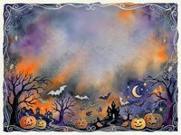 Halloween watercolor frame with pumpkins, bats, haunted house and spooky trees on gradient background for seasonal designs and party invitations.