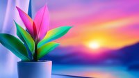 Pink tropical plant in pot against vibrant sunset sky with mountain silhouette and colorful gradient background creates dreamy atmosphere for wellness designs.