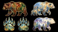 Grizzly bear with forest landscape texture isolated on transparent background, ready for t-shirt design, clipart, stickers, sublimation and print-on-demand products.