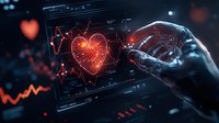 Futuristic medical interface showing heart rate monitor with glowing red heart symbol and hand touching virtual screen. Dark background with bokeh effects.