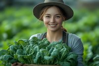 Young Caucasian woman in hat and apron holding fresh harvested organic spinach leaves in wooden box, sustainable farming and healthy lifestyle concept.
