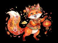 Festive fox in traditional red outfit holding a lantern, isolated on transparent background. Great for lunar new year clipart, stickers, t-shirt design, and print on demand.