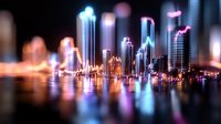 Blurred city skyline at night with colorful lights reflecting on water surface, creating dreamy urban landscape for background designs.
