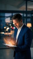 Mature Caucasian businessman in navy suit using glowing tablet in modern office at night with city lights background for corporate technology concepts.