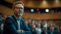 Middle-aged Caucasian businessman with glasses and beard smiling confidently in modern conference room during corporate meeting or presentation.