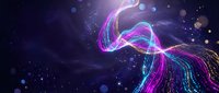 Glowing neon wave with flowing particles and bokeh lights on dark background, suitable for tech, music, and digital design projects.