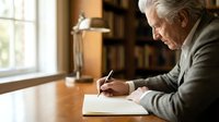 Senior man with gray hair and light skin tone, wearing a gray cardigan, writing in a notebook at a wooden desk by a window in a home office setting with bookshelves.