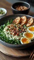 Healthy breakfast bowl with soft boiled eggs, cauliflower rice, crispy bacon bits, roasted pine nuts, fresh herbs and grilled bread on wooden board. Macro food photography.
