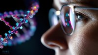Close up of Asian woman in glasses examining DNA helix model with glowing pink and blue molecules against dark background, science research concept.