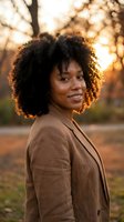 Young African American businesswoman with curly afro hair smiling confidently in brown blazer during golden hour sunset outdoors for professional headshot.