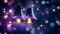 Two elegant black bells with golden rims hanging against sparkling bokeh lights background creating festive holiday atmosphere for celebrations and decorations.