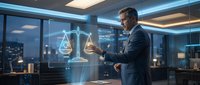 Professional businessman interacting with holographic justice scales in modern office, legal technology concept for corporate law and digital innovation.