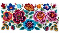 Vibrant folk art floral composition with pink, blue, and orange roses, decorative leaves and buds in traditional embroidery style on white background. Suitable for textile design.