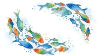 Watercolor fish swimming in circular formation with bubbles on white background isolated for marine design projects and aquatic themed decorations.