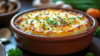 Golden baked casserole with melted cheese and fresh herbs in rustic ceramic dish, comfort food for family dinner recipes and cooking blogs.